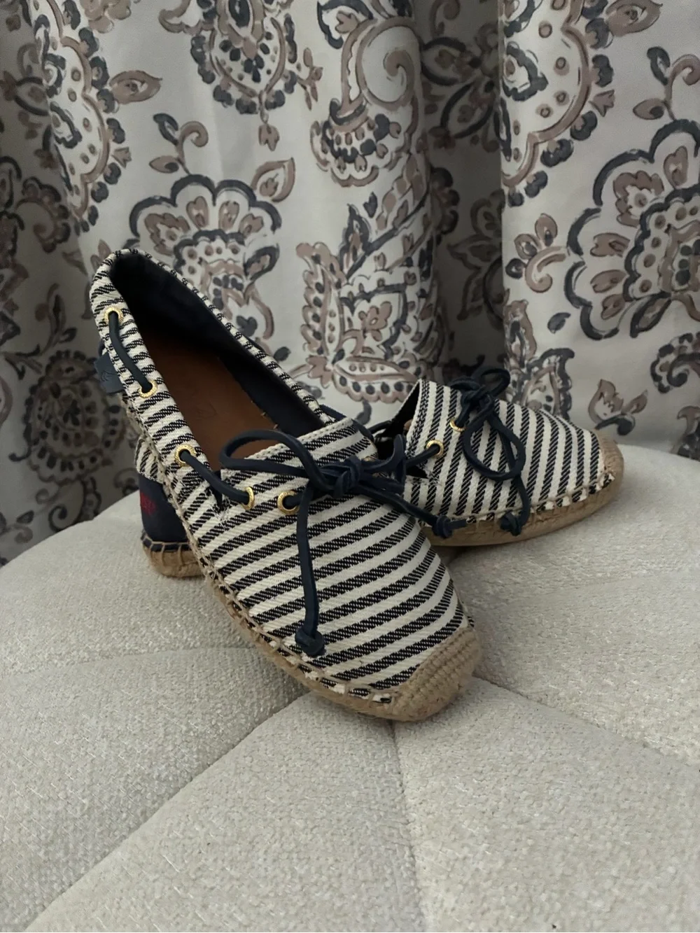 Sperry Striped Lace-Up Espadrille Flats in Navy and White
